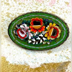 VINTAGE ESTATE ITALIAN STERLING SILVER MICRO MOSAIC PIN BROOCH FLOWERS